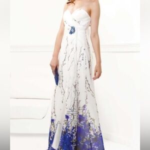 Faviana Size 6 White Blue Floral Strapless Maxi Formal Dress Beaded Preppy